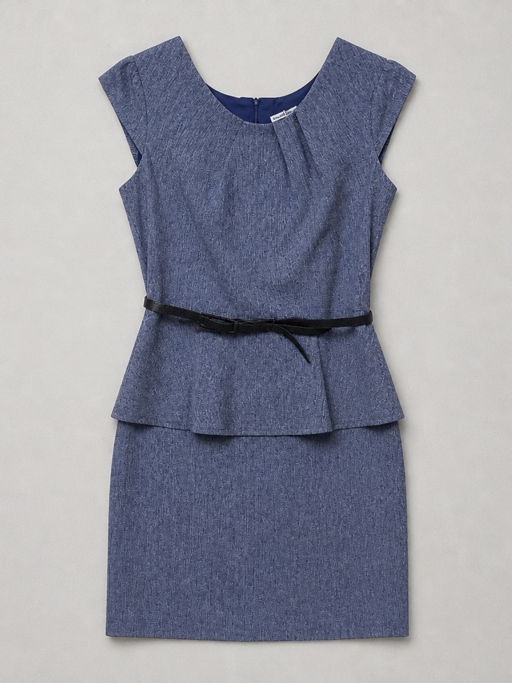 connected apparel Slate Blue Cap-Sleeve Peplum Sheath Dress with Black Belt
